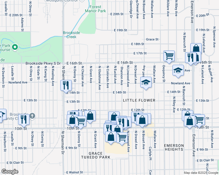 map of restaurants, bars, coffee shops, grocery stores, and more near 1417 North Colorado Avenue in Indianapolis
