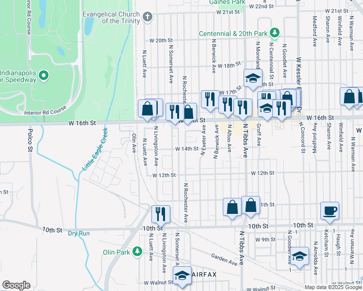 map of restaurants, bars, coffee shops, grocery stores, and more near 1406 N Rochester Ave in Indianapolis