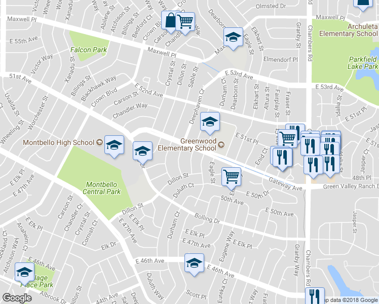map of restaurants, bars, coffee shops, grocery stores, and more near 5095 Duluth Court in Denver