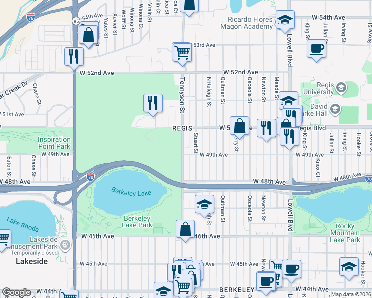 map of restaurants, bars, coffee shops, grocery stores, and more near 4920 Tennyson Street in Denver