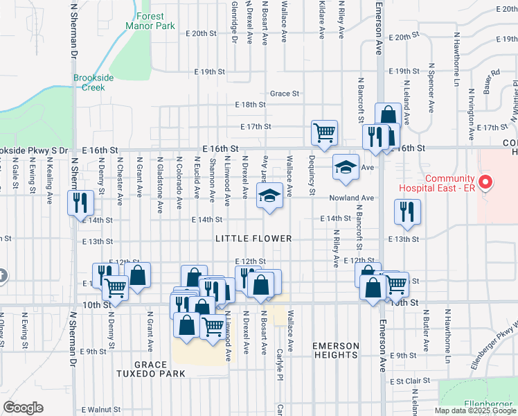 map of restaurants, bars, coffee shops, grocery stores, and more near 1416 North Bosart Avenue in Indianapolis