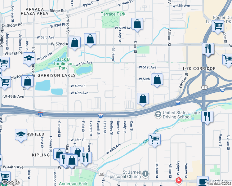 map of restaurants, bars, coffee shops, grocery stores, and more near 4930 Dover Street in Arvada