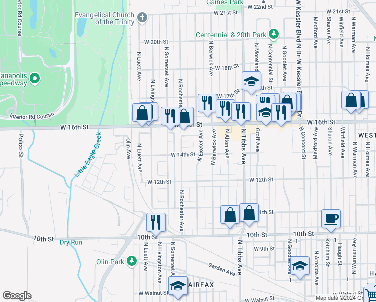 map of restaurants, bars, coffee shops, grocery stores, and more near 3544 West 14th Street in Indianapolis