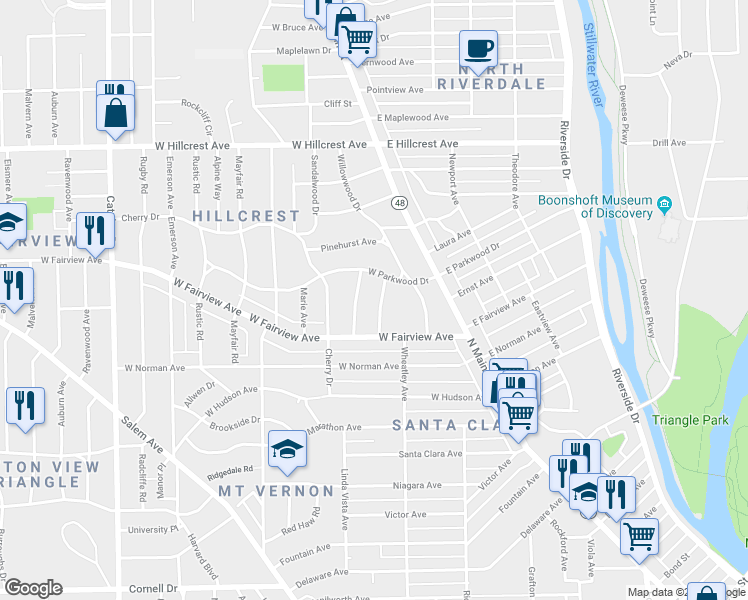 map of restaurants, bars, coffee shops, grocery stores, and more near 39 Birchwood Avenue in Dayton