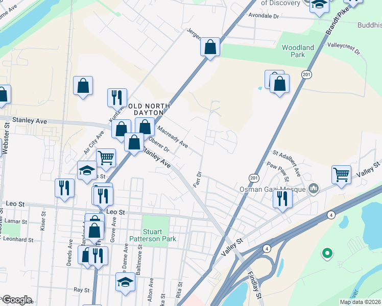 map of restaurants, bars, coffee shops, grocery stores, and more near 128 Macready Avenue in Dayton