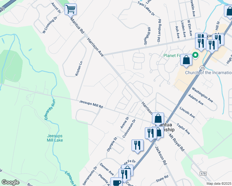 map of restaurants, bars, coffee shops, grocery stores, and more near 19 Silver Creek Drive in Gloucester County