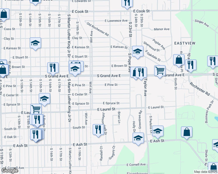 map of restaurants, bars, coffee shops, grocery stores, and more near 2122 East Pine Street in Springfield