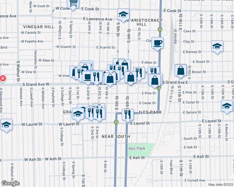map of restaurants, bars, coffee shops, grocery stores, and more near 500 East Pine Street in Springfield