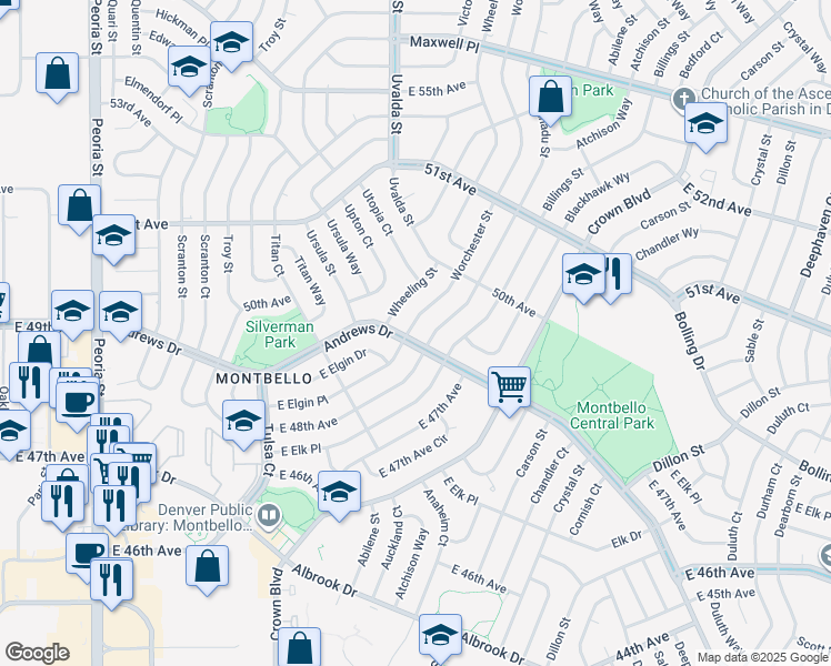 map of restaurants, bars, coffee shops, grocery stores, and more near 4900 Worchester Street in Denver