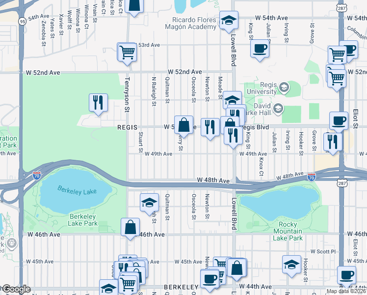 map of restaurants, bars, coffee shops, grocery stores, and more near 4920 Perry Street in Denver