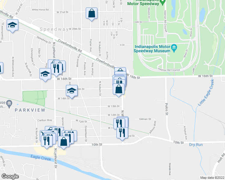 map of restaurants, bars, coffee shops, grocery stores, and more near 4931 West 15th Street in Indianapolis