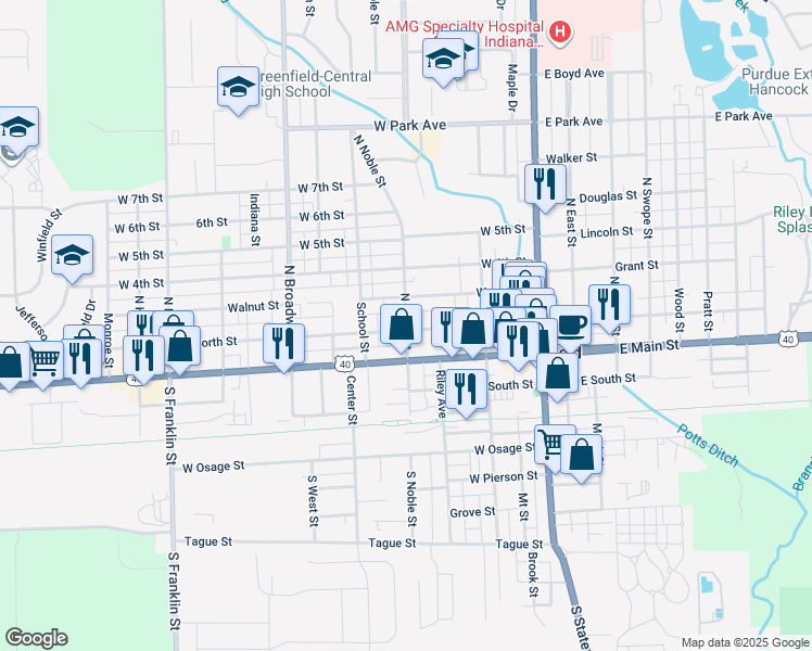 map of restaurants, bars, coffee shops, grocery stores, and more near 318 West North Street in Greenfield