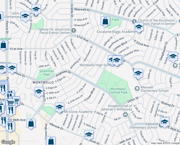 map of restaurants, bars, coffee shops, grocery stores, and more near 4958 Billings Street in Denver