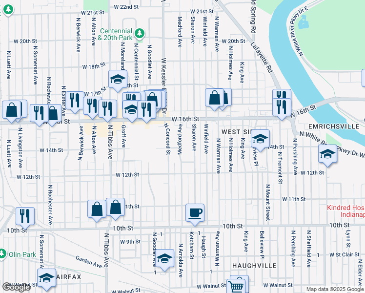 map of restaurants, bars, coffee shops, grocery stores, and more near 1401 Medford Avenue in Indianapolis