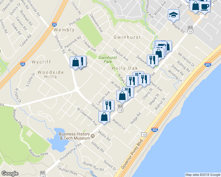 map of restaurants, bars, coffee shops, grocery stores, and more near 103 Maple Avenue in Wilmington