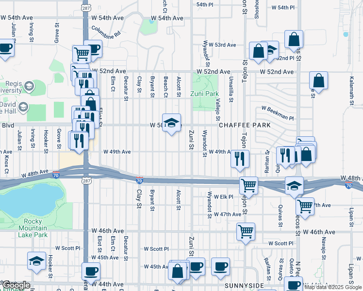 map of restaurants, bars, coffee shops, grocery stores, and more near 4920 Alcott Street in Denver
