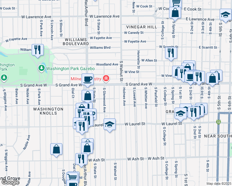 map of restaurants, bars, coffee shops, grocery stores, and more near 1314 South Walnut Street in Springfield