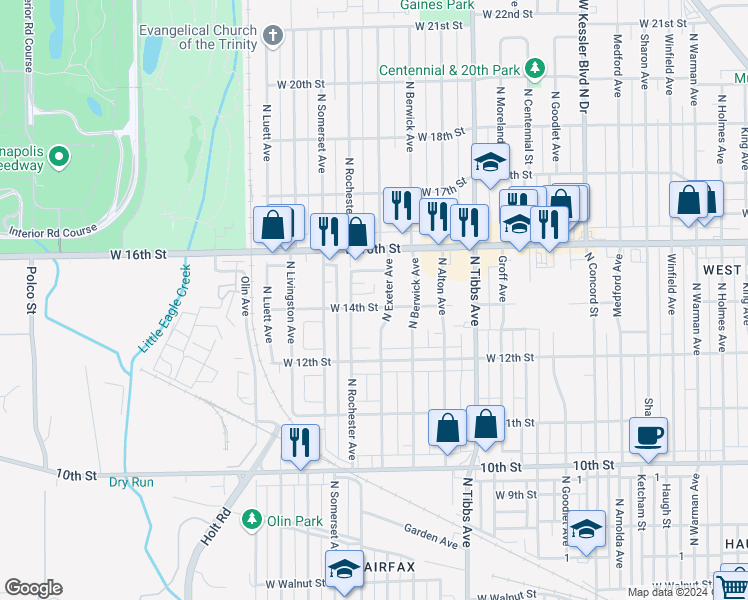 map of restaurants, bars, coffee shops, grocery stores, and more near 3532 West 14th Street in Indianapolis