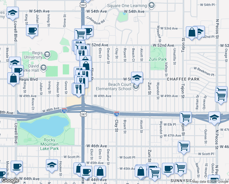 map of restaurants, bars, coffee shops, grocery stores, and more near 4915 Clay Street in Denver