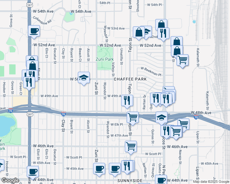 map of restaurants, bars, coffee shops, grocery stores, and more near 4918 Vallejo Street in Denver