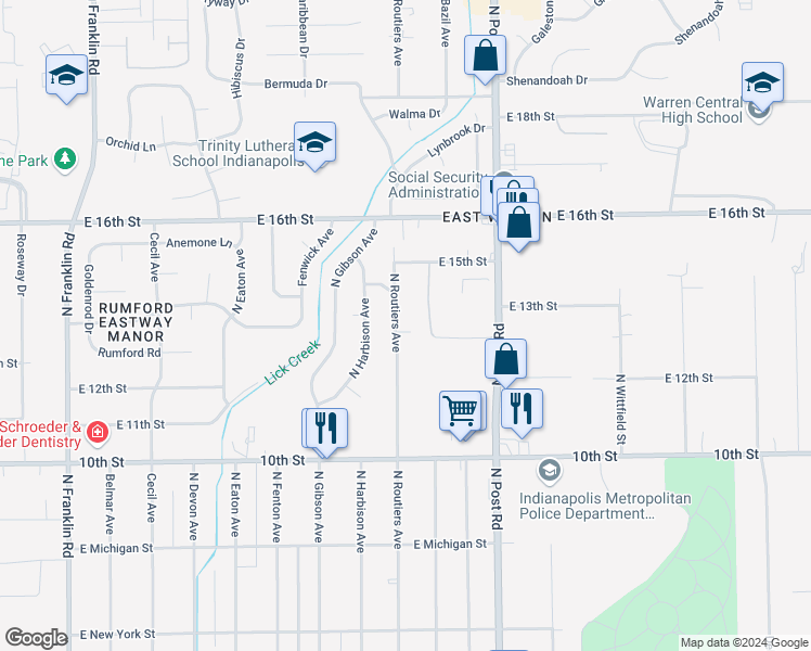 map of restaurants, bars, coffee shops, grocery stores, and more near 1315 North Routiers Avenue in Indianapolis