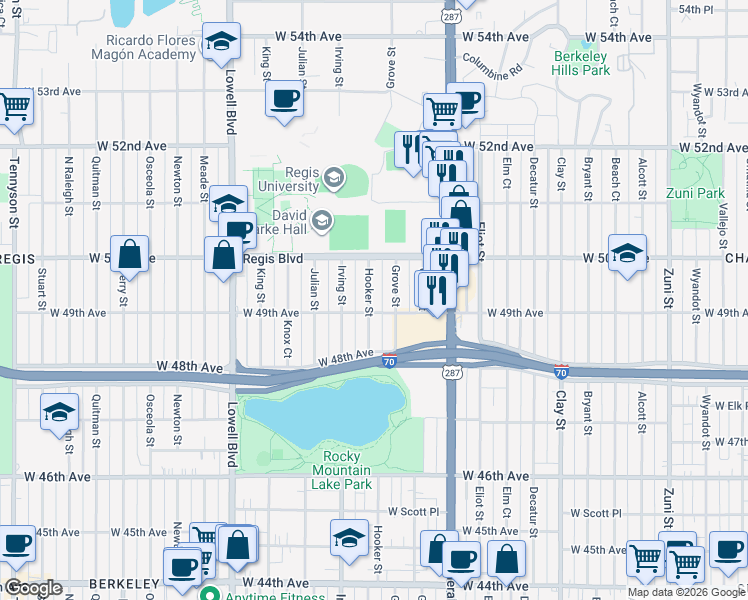 map of restaurants, bars, coffee shops, grocery stores, and more near 4920 Hooker Street in Denver