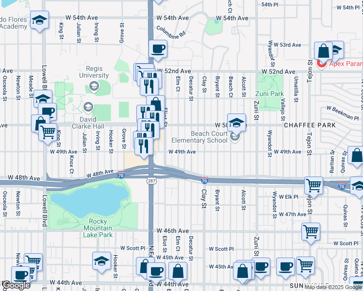 map of restaurants, bars, coffee shops, grocery stores, and more near 4920 Elm Court in Denver