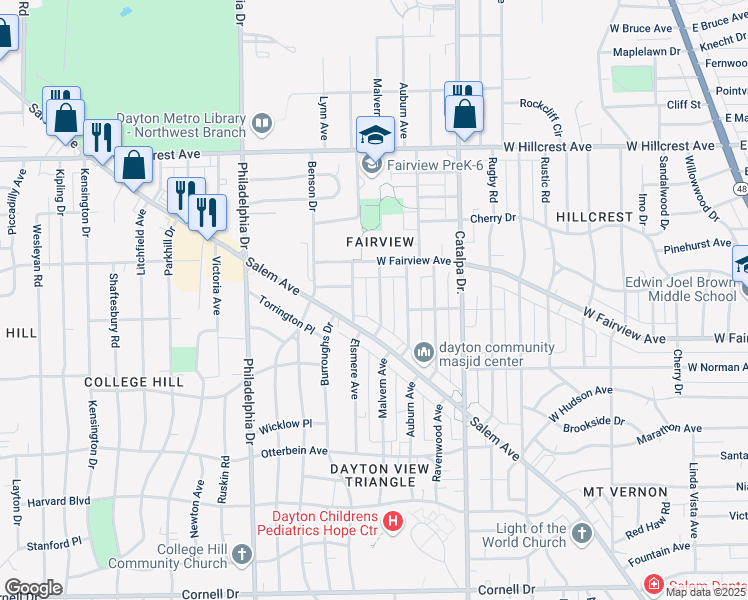 map of restaurants, bars, coffee shops, grocery stores, and more near 2141 Malvern Avenue in Dayton