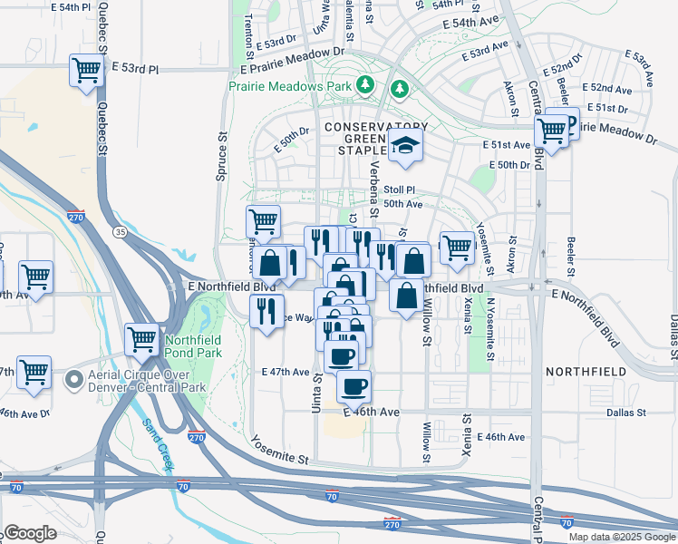 map of restaurants, bars, coffee shops, grocery stores, and more near 8283 Northfield Boulevard in Denver
