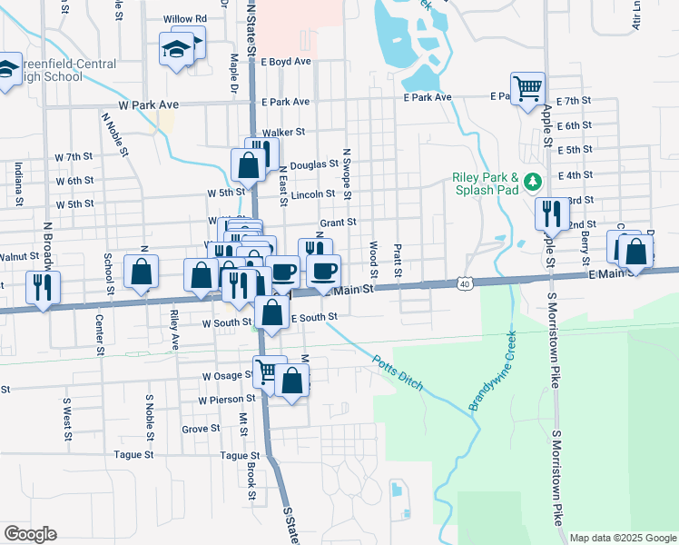 map of restaurants, bars, coffee shops, grocery stores, and more near 325 East North Street in Greenfield