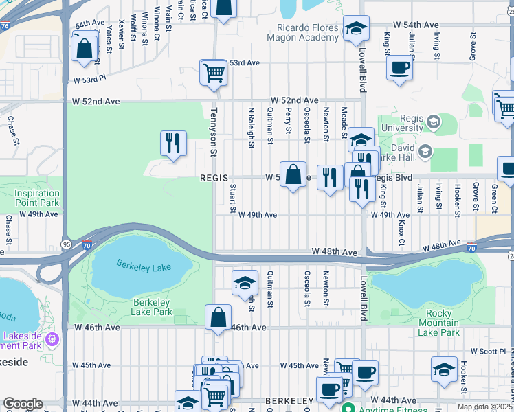 map of restaurants, bars, coffee shops, grocery stores, and more near 4923 Raleigh Street in Denver