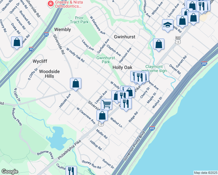 map of restaurants, bars, coffee shops, grocery stores, and more near 103 Maple Avenue in Wilmington