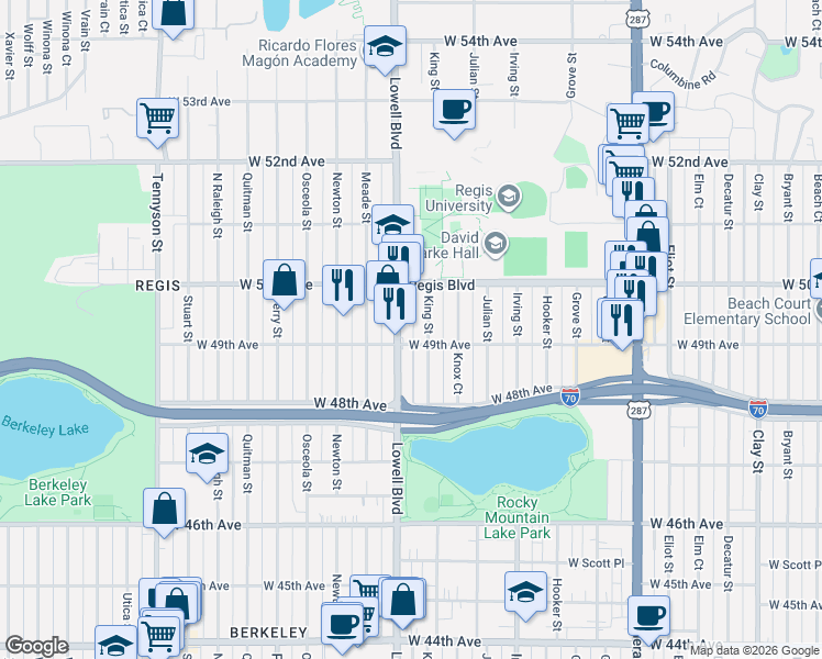 map of restaurants, bars, coffee shops, grocery stores, and more near 4921 Lowell Boulevard in Denver