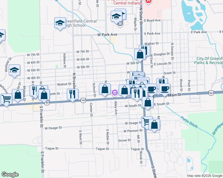map of restaurants, bars, coffee shops, grocery stores, and more near 318 West North Street in Greenfield