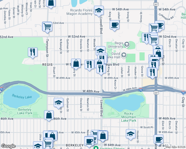 map of restaurants, bars, coffee shops, grocery stores, and more near 4921 Meade Street in Denver