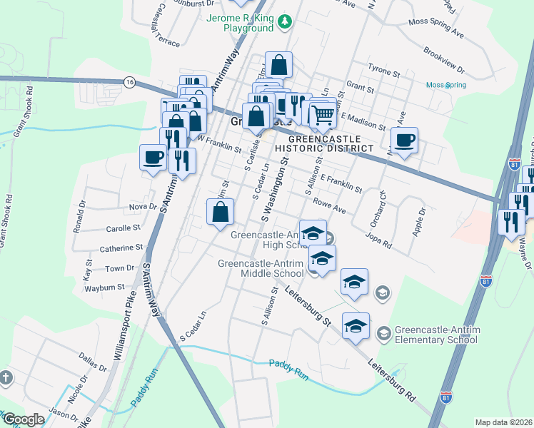 map of restaurants, bars, coffee shops, grocery stores, and more near 212 South Washington Street in Greencastle