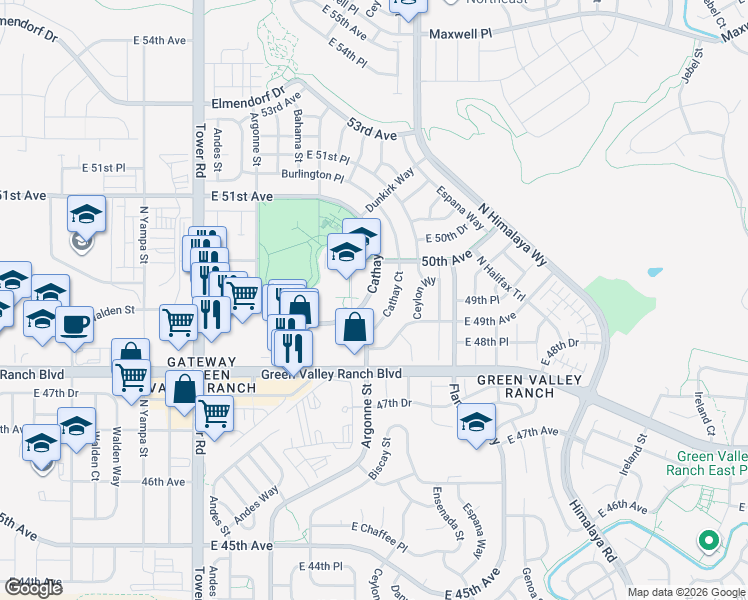 map of restaurants, bars, coffee shops, grocery stores, and more near 4912 Cathay Street in Denver