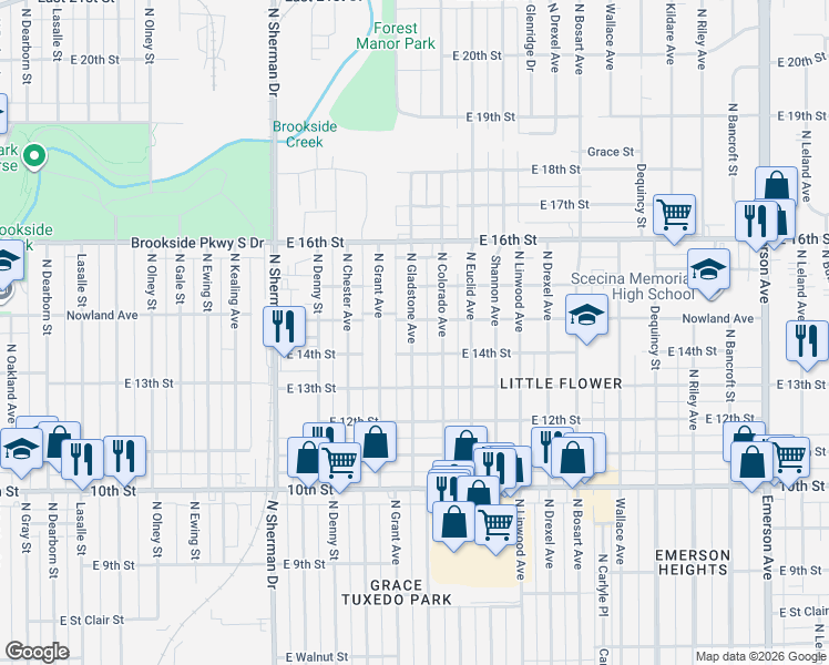 map of restaurants, bars, coffee shops, grocery stores, and more near 1418 North Gladstone Avenue in Indianapolis