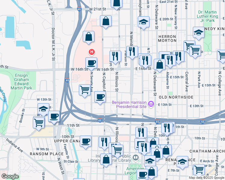map of restaurants, bars, coffee shops, grocery stores, and more near 120 West 14th Street in Indianapolis