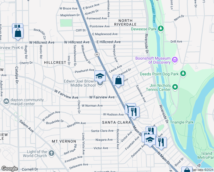 map of restaurants, bars, coffee shops, grocery stores, and more near 38 Willowwood Drive in Dayton