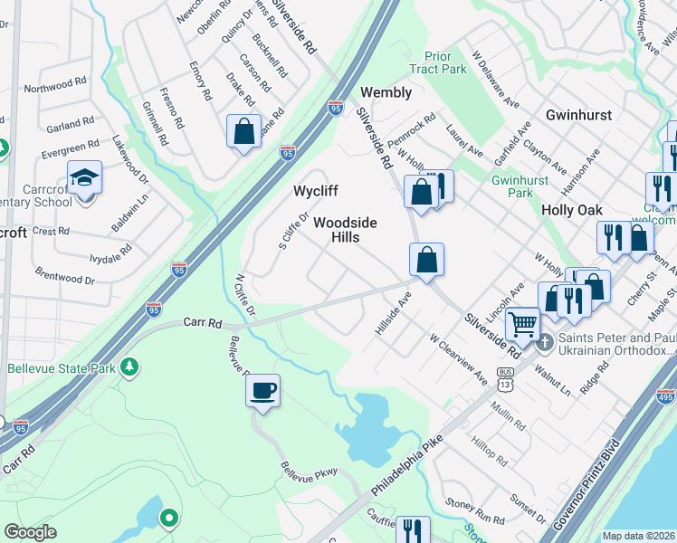 map of restaurants, bars, coffee shops, grocery stores, and more near 1205 Warwickshire Road in Wilmington