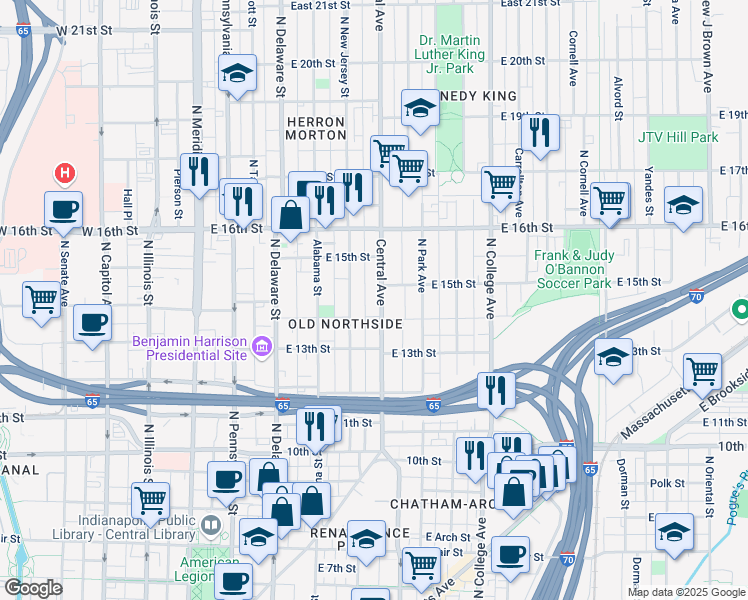 map of restaurants, bars, coffee shops, grocery stores, and more near 1424 Central Avenue in Indianapolis