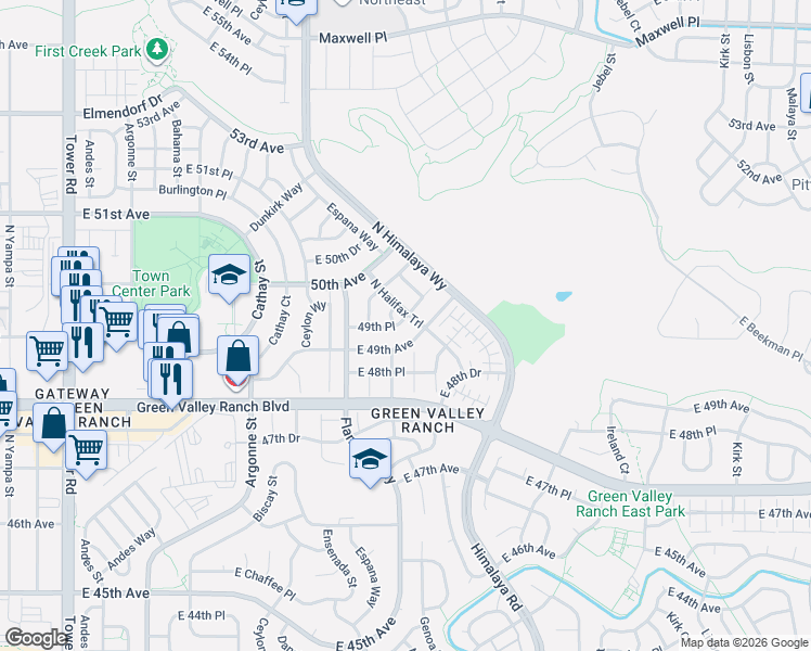 map of restaurants, bars, coffee shops, grocery stores, and more near 19923 East 49th Avenue in Denver
