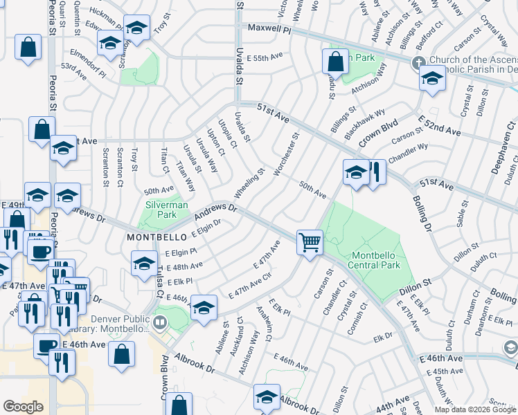 map of restaurants, bars, coffee shops, grocery stores, and more near 4900 Worchester Street in Denver