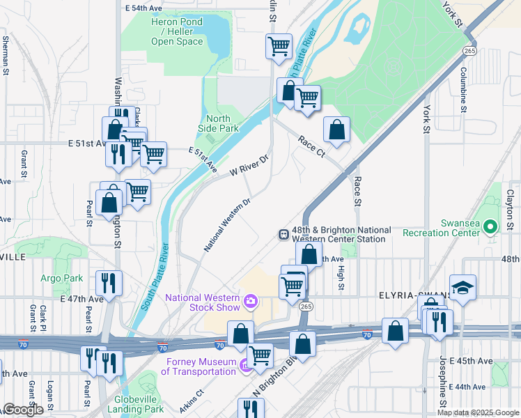 map of restaurants, bars, coffee shops, grocery stores, and more near 4900 National Western Drive in Denver