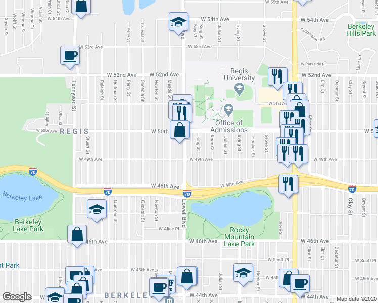 map of restaurants, bars, coffee shops, grocery stores, and more near 4921 Lowell Boulevard in Denver