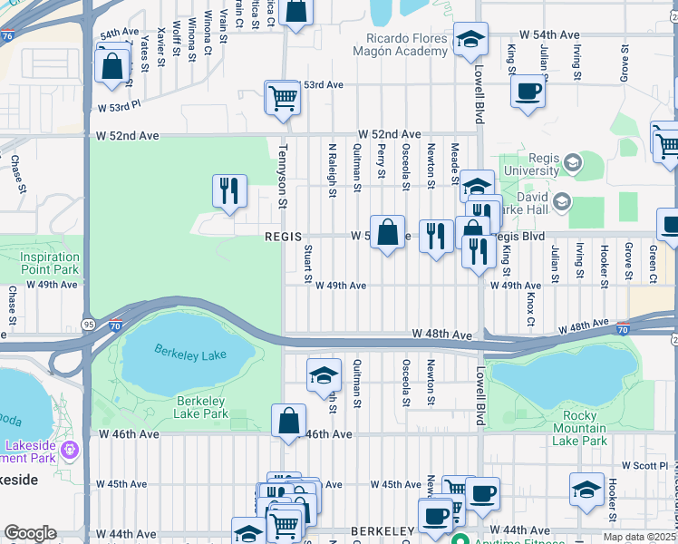 map of restaurants, bars, coffee shops, grocery stores, and more near 4923 Raleigh Street in Denver