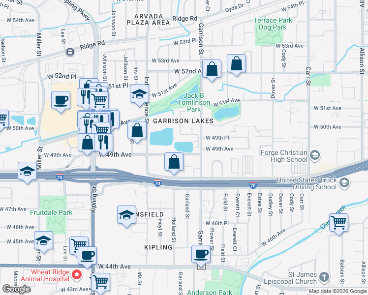 map of restaurants, bars, coffee shops, grocery stores, and more near 9395 West 49th Avenue in Wheat Ridge