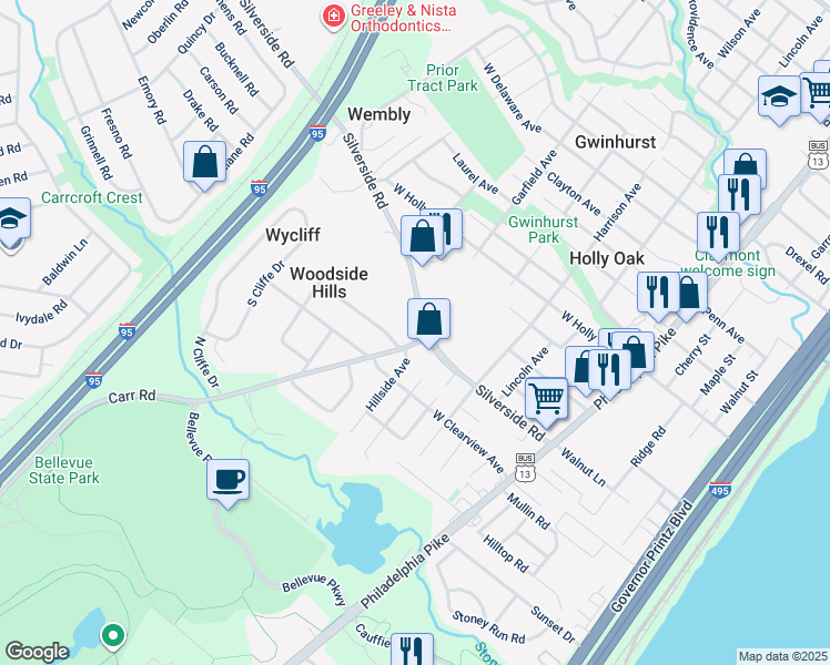 map of restaurants, bars, coffee shops, grocery stores, and more near 8 Silverside Road in Wilmington