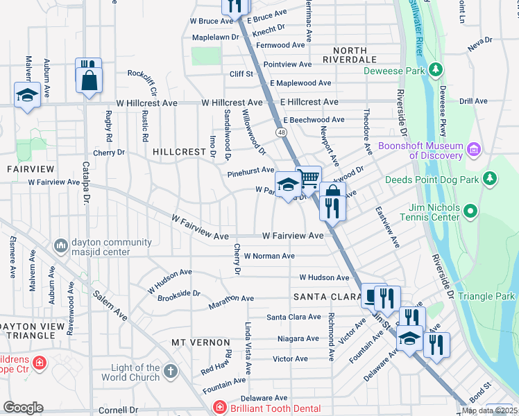 map of restaurants, bars, coffee shops, grocery stores, and more near 39 Birchwood Avenue in Dayton